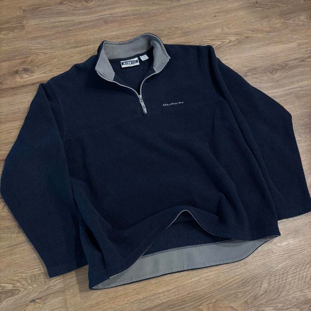 Vintage Aeropostale Aero-Tec 1/4 Zip Fleece Pullover Navy Gray Men’s Large 90s